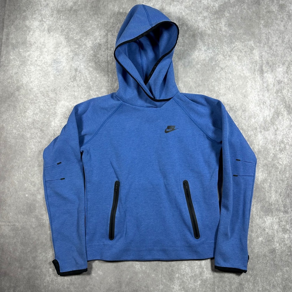 Nike Tech Fleece Hoodie Womens Medium Blue Pullover Raglan Bonded Zip Pocket
